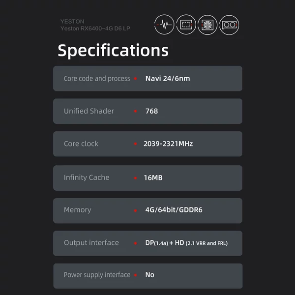 Yeston RX6400-4GD6 LP grafikus kártya 4G/64bit/GDDR6 memória 2039-2321MHz magfrekvenciás 4K felbontású hűtőventilátor HD+DP kimeneti portok