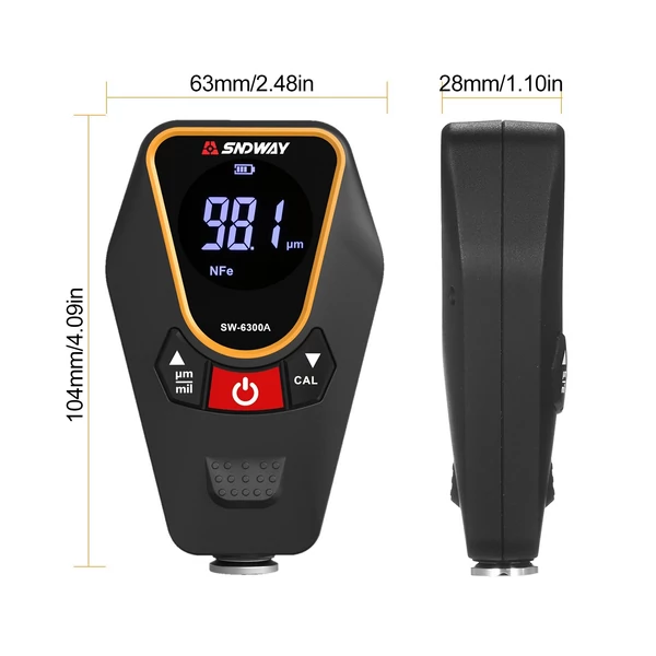 SNDWAY kézi festék-/bevonatvastagságmérő háttérvilágítású LCD-vel autókhoz, mérési tartomány 0–1200 μm, felbontás 0,01 μm