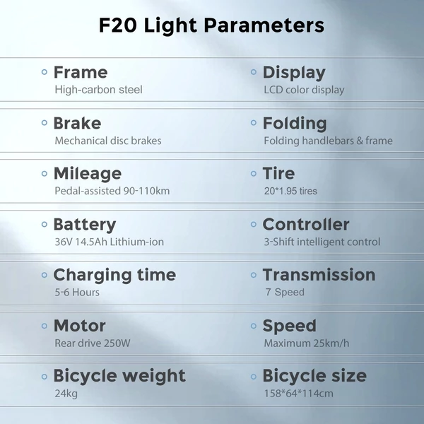 FAFREES F20 Light Összecsukható városi E-bike 20*1,95 hüvelykes gumiabroncs 250W motor 90-100km Max tartomány 7 sebességváltó LCD kijelzővel hátsó fogasléc - Fehér