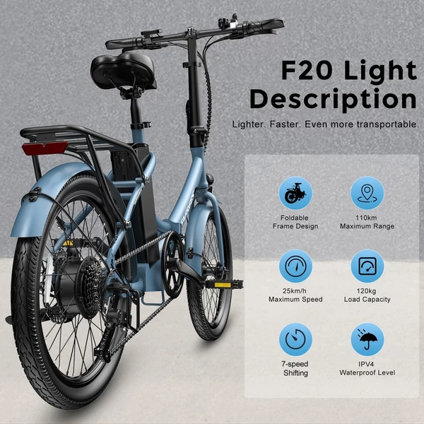 FAFREES F20 Light Összecsukható városi E-bike 20*1,95 hüvelykes gumiabroncs 250W motor 90-100km Max tartomány 7 sebességváltó LCD kijelzővel hátsó fogasléc - Kék