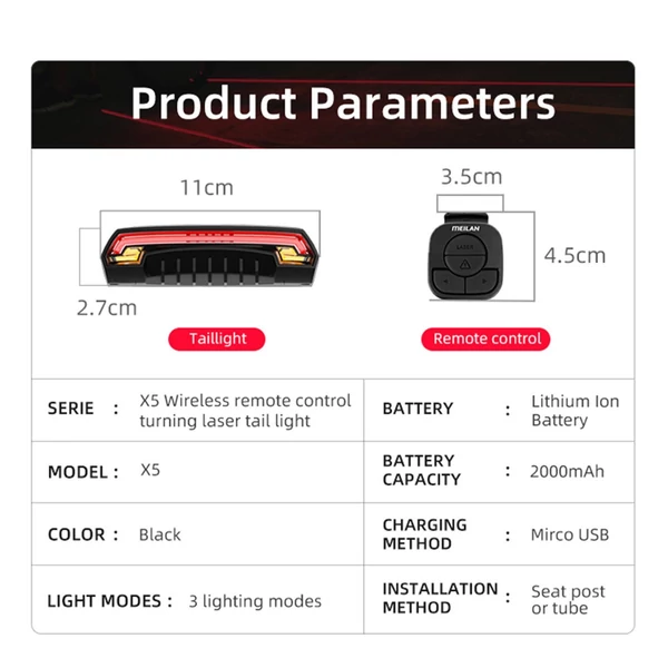 Meilan X5 Kerékpár vezeték nélküli hátsó lámpa távirányítós irányjelző lámpa
