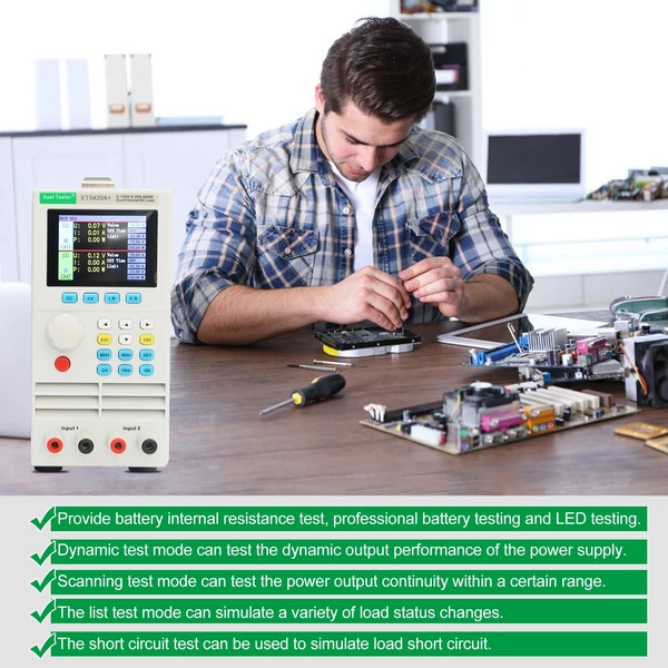 East Tester ET5420A+ Kétcsatornás DC programozható elektronikus terhelésmérő 2,8 hüvelykes TFT LCD képernyő 150V 20A*2 200W*2