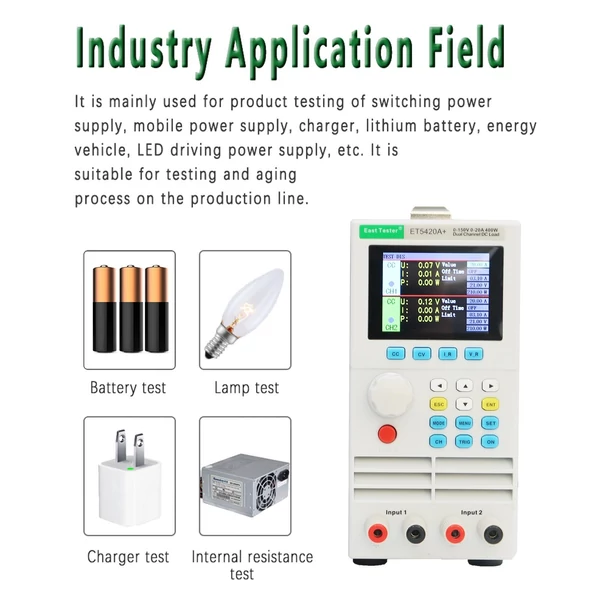 East Tester ET5420A+ Kétcsatornás DC programozható elektronikus terhelésmérő 2,8 hüvelykes TFT LCD képernyő 150V 20A*2 200W*2