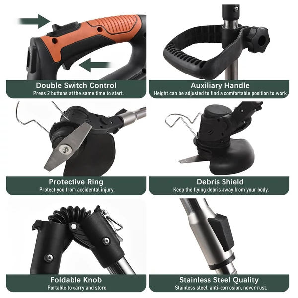 Akkus fűnyíró Weed Wacker 21V gyomirtó gép LCD képernyővel Könnyű, állítható magasságú fém vágópenge - 2 akkumulátor