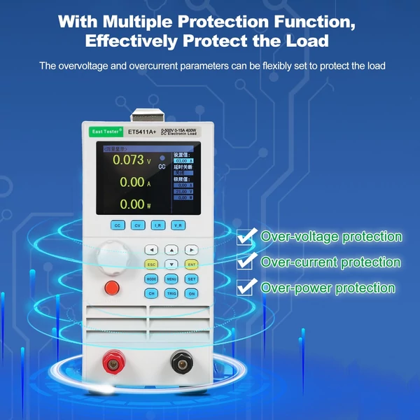 East Tester ET5411A+ programozható egycsatornás DC elektronikus terhelésű 500V 15A 400W teszter CC CV CR CP CC+CV CR+CV mód 2,8 hüvelykes TFT LCD képernyő akkumulátor és LED teszter