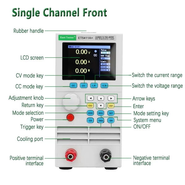 East Tester ET5411A+ programozható egycsatornás DC elektronikus terhelésű 500V 15A 400W teszter CC CV CR CP CC+CV CR+CV mód 2,8 hüvelykes TFT LCD képernyő akkumulátor és LED teszter