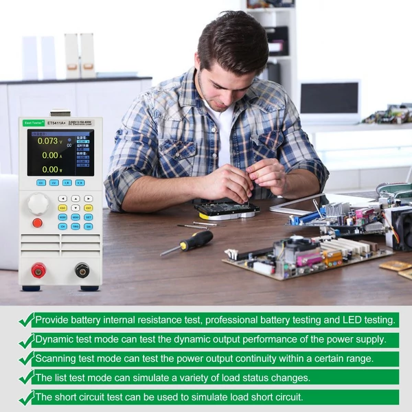 East Tester ET5411A+ programozható egycsatornás DC elektronikus terhelésű 500V 15A 400W teszter CC CV CR CP CC+CV CR+CV mód 2,8 hüvelykes TFT LCD képernyő akkumulátor és LED teszter