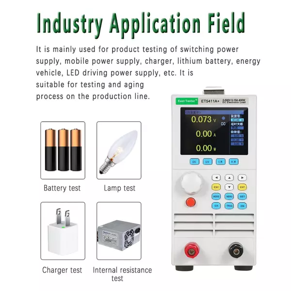 East Tester ET5411A+ programozható egycsatornás DC elektronikus terhelésű 500V 15A 400W teszter CC CV CR CP CC+CV CR+CV mód 2,8 hüvelykes TFT LCD képernyő akkumulátor és LED teszter