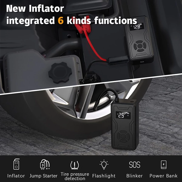 Többfunkciós indítómotor légkompresszorral, akkumulátor-erősítő tápegységgel (akár 3,0 literes gázüzemű vagy 2,5 literes dízelmotorokhoz) 150 PSI digitális gumiabroncs-felfújó LED-lámpával, tápegység funkcióval
