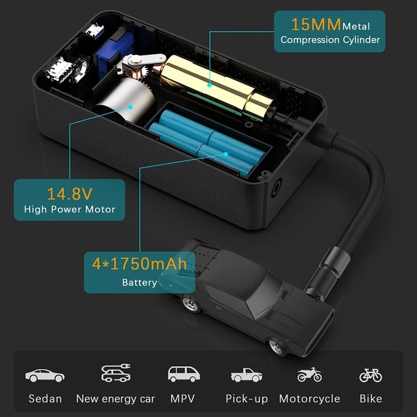 Többfunkciós indítómotor légkompresszorral, akkumulátor-erősítő tápegységgel (akár 3,0 literes gázüzemű vagy 2,5 literes dízelmotorokhoz) 150 PSI digitális gumiabroncs-felfújó LED-lámpával, tápegység funkcióval