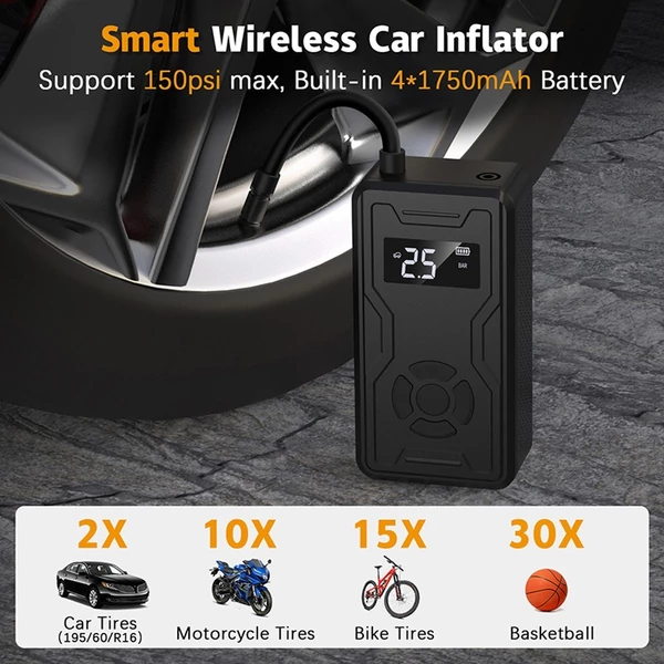 Többfunkciós indítómotor légkompresszorral, akkumulátor-erősítő tápegységgel (akár 3,0 literes gázüzemű vagy 2,5 literes dízelmotorokhoz) 150 PSI digitális gumiabroncs-felfújó LED-lámpával, tápegység funkcióval
