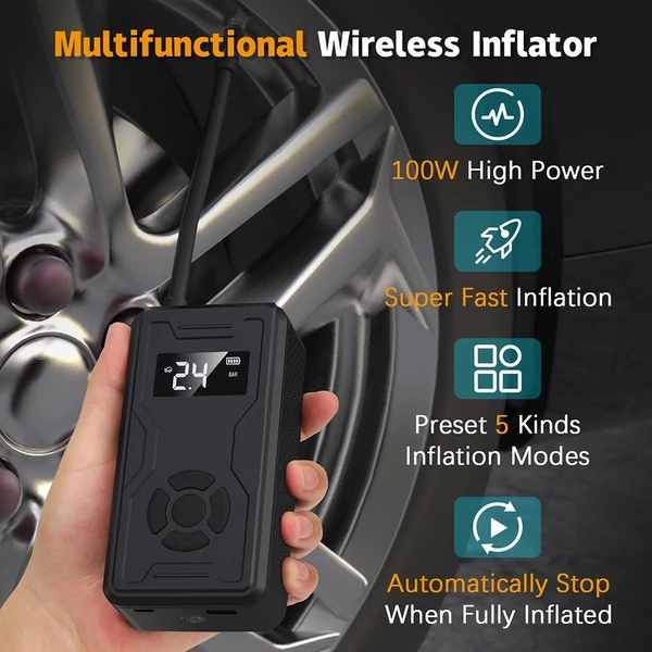 Többfunkciós indítómotor légkompresszorral, akkumulátor-erősítő tápegységgel (akár 3,0 literes gázüzemű vagy 2,5 literes dízelmotorokhoz) 150 PSI digitális gumiabroncs-felfújó LED-lámpával, tápegység funkcióval
