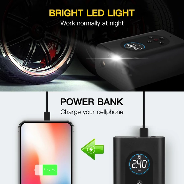 3 az 1-ben hordozható autós légkompresszor, vezeték nélküli digitális gumiabroncs-felfújó automatikus szivattyú 150 PSI LED lámpával