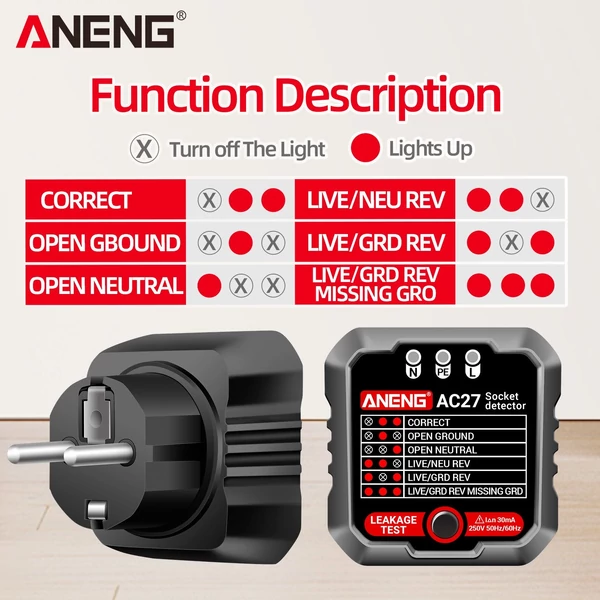 ANENG kimeneti tesztelő, 250 V-os gyorsérzékelésű aljzatvizsgáló aljzatérzékelő szivárgásdugó polaritás földelési vonal automatikus elektromos áramkör polaritás feszültség érzékelő - Fekete