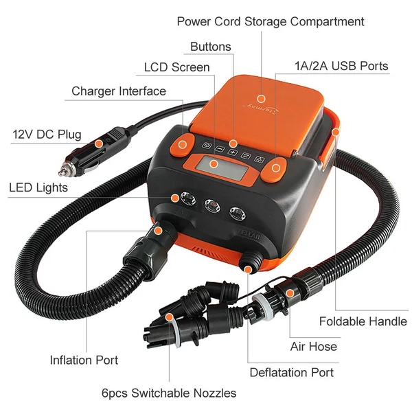 STERMAY 16PSI intelligens kétfokozatú levegőszivattyú 6 db fúvókával, LCD kijelzővel 6000 mAh elektromos szivattyú támogatja a felfújást és leeresztést