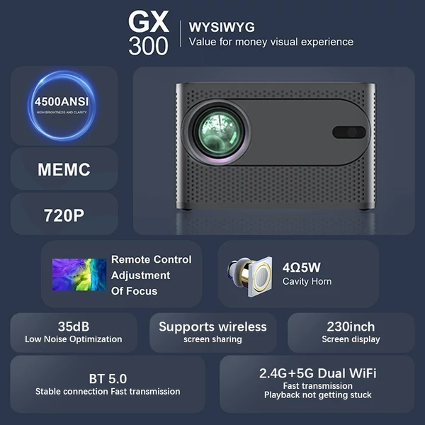4500 Lumen intelligens, 230 hüvelykes LCD multimédiás filmprojektor 2,4G+5G WiFi beépített hangszóró, alacsony zajszintű hordozható, okostelefonnal, TV Stick, laptoppal kompatibilis