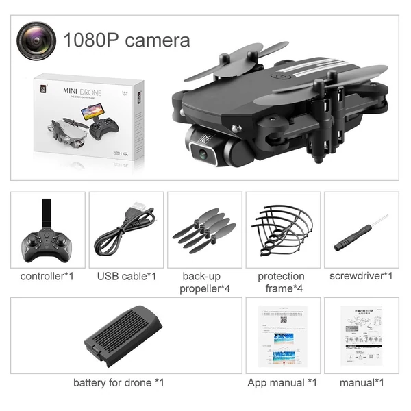 LS-MIN Mini RC drón 13 perc repülési idő 360°-os átfordítható 6 tengelyes giroszkóp - Fekete, 1080P - 3 akkumulátor