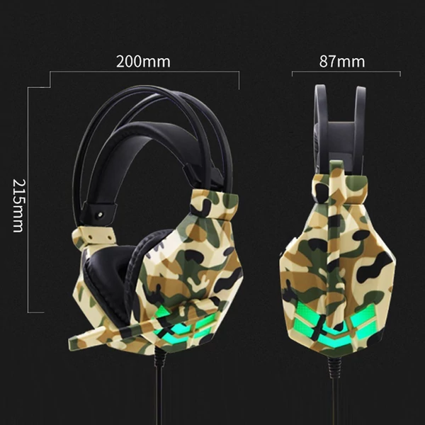 SY850MV 3,5 mm-es vezetékes, fülön keresztüli játékfejhallgató, zajszűrő mikrofon LED-es fényerőszabályzóval AUX+USB - Katonai sárga