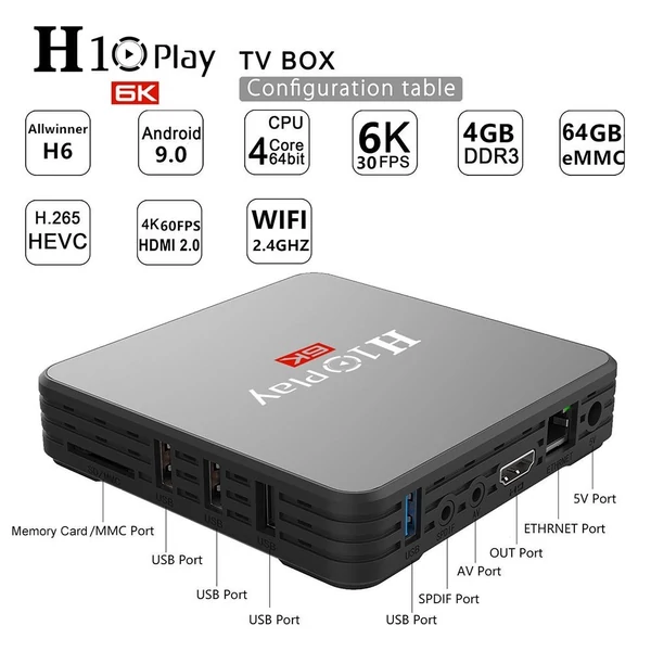 H10 PLAY Smart TV Box Android 9.0 Allwinner H6 Cortex-A53 négymagos 64 bites 2.4G WiFi támogatás TF kártya H.265 dekódoló 6K HD médialejátszó készlet - 4GB/64GB