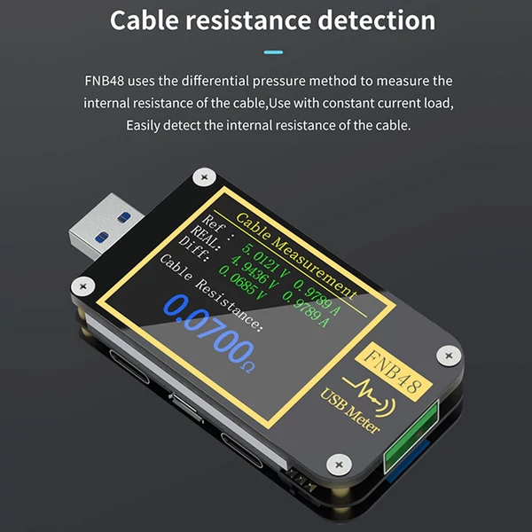 FNIRSI-FNB48 1,77 hüvelykes, nagy felbontású kijelző, Voltmérő, áramerősségmérő, többfunkciós mobiltelefon gyorstöltő kapacitástesztelő eszköz