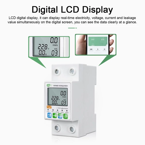Tuya WiFi Intelligens automatikus vissáram elleni védelem Többfunkciós áram- feszültség-figyelő LCD kijelzős kapcsoló Teljesítménymérő védelem értékbeállítható Mobiltelefon APP vezérléssel