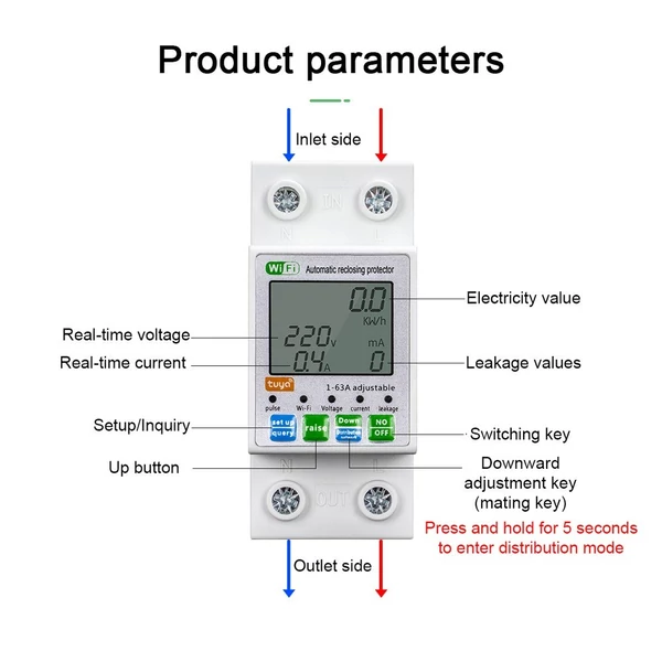 Tuya WiFi Intelligens automatikus vissáram elleni védelem Többfunkciós áram- feszültség-figyelő LCD kijelzős kapcsoló Teljesítménymérő védelem értékbeállítható Mobiltelefon APP vezérléssel