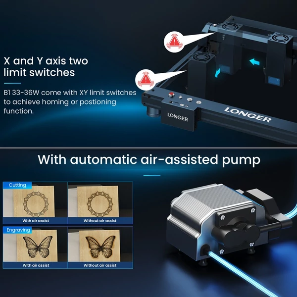 HOSSZABB Laser B1 20W lézergravírozó 24W lézerteljesítményű nagysebességű gravírozás Smart Air Assist rendszerrel