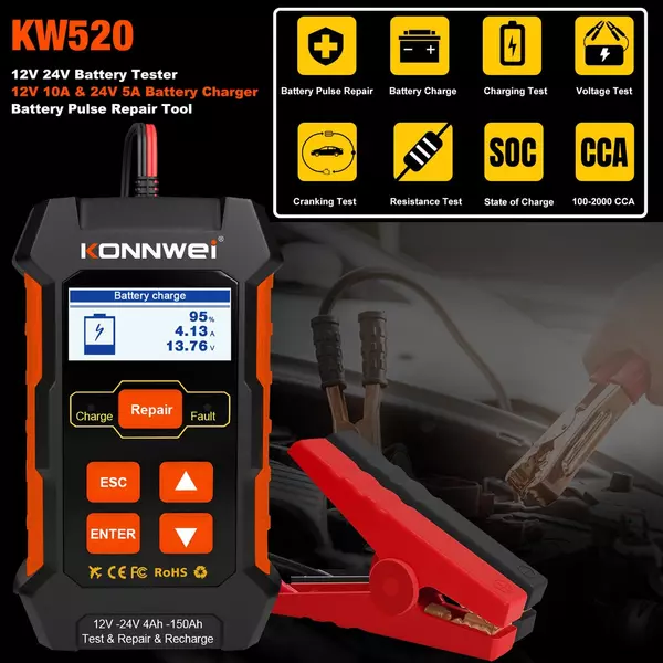 KONNWEI KW520 12V 24V autó akkumulátor teszter töltő és akkumulátor javító szerszám