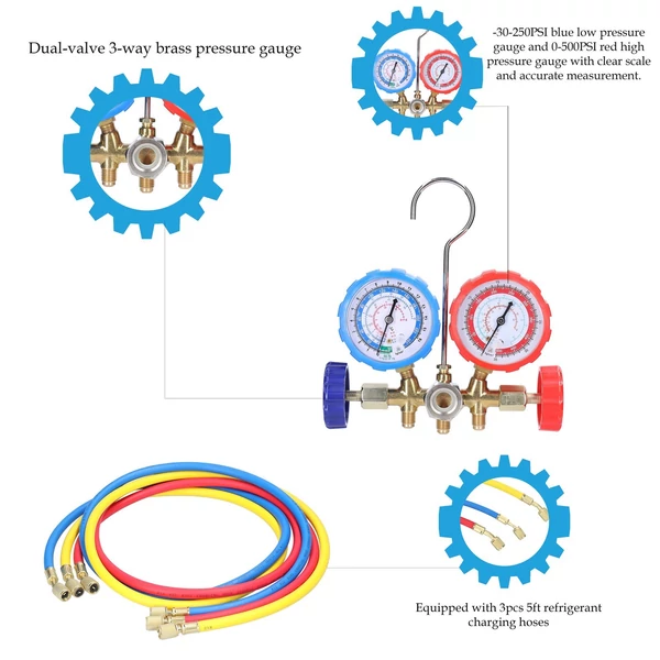 Nyomásmérős légkondicionáló sárgaréz kétszelepes nyomásmérő tömlő gyorscsatlakozó adapterekkel R12/R22/R134a/R502 hűtőközeghez