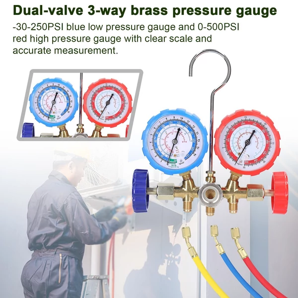 Nyomásmérős légkondicionáló sárgaréz kétszelepes nyomásmérő tömlő gyorscsatlakozó adapterekkel R12/R22/R134a/R502 hűtőközeghez