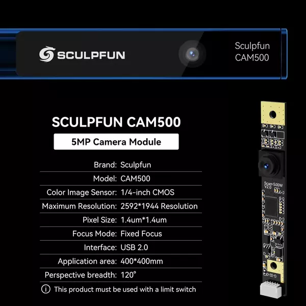 SCULPFUN CAM500 kamera 5 MP pixel 120 fokos széles látószögű objektív 400x400 mm munkaterület