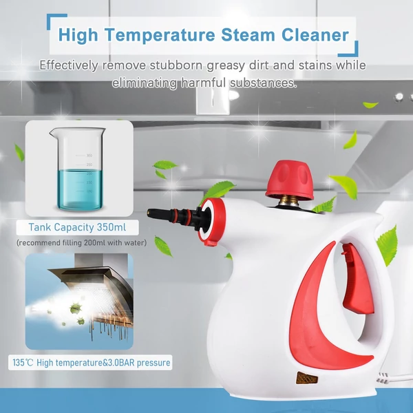 Kézi gőztisztító 1050 W magas hőmérsékletű, túlnyomásos, 9 DB tartozékos hordozható többfunkciós gőzölővel konyhába, kanapéhoz, fürdőszobához,autóablakhoz - Piros