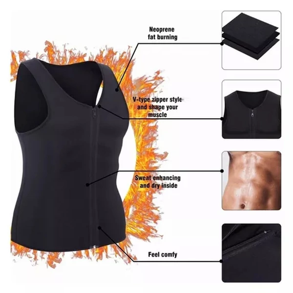 Derék edzőmellény férfiaknak karcsúsító edzésruha cipzárral - Fekete, 2XL
