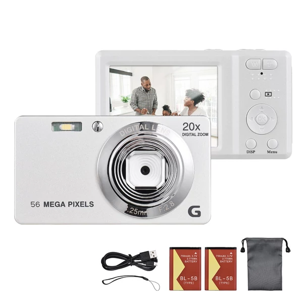 2,7 hüvelykes TFT digitális fényképezőgép 56 MP 4K Ultra HD 20X autofókuszos önkioldó, arcfelismerés, remegéscsillapító - Fehér