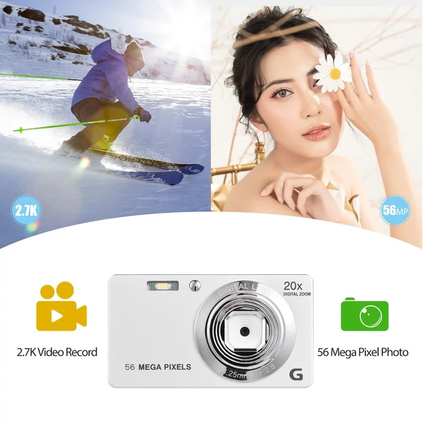 2,7 hüvelykes TFT digitális fényképezőgép 56 MP 4K Ultra HD 20X autofókuszos önkioldó, arcfelismerés, remegéscsillapító - Fehér