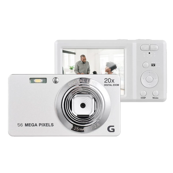 2,7 hüvelykes TFT digitális fényképezőgép 56 MP 4K Ultra HD 20X autofókuszos önkioldó, arcfelismerés, remegéscsillapító - Fehér