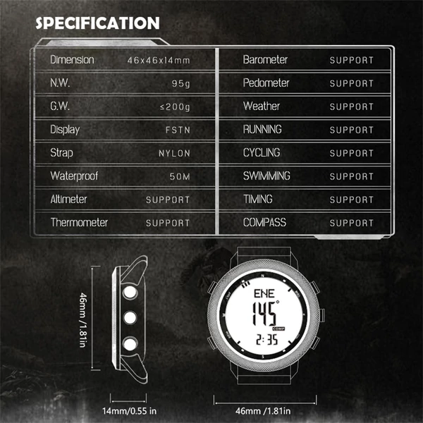 Többfunkciós digitális férfi óra szabadtéri sportokhoz: futás, úszás, szabadtéri sport, magasságmérő, légnyomásmérő, iránytű és vízálló