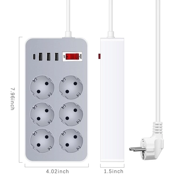 10 az 1-ben elosztó 1,2 méter hosszú kábellel 6 kimenet 4 USB port EU csatlakozó