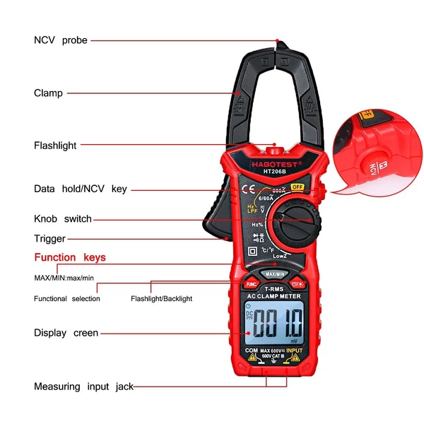 HABOTEST digitális bilincsmérő automatikus hatótávolságú multiméter feszültségmérő AC/DC feszültségáram mérése - HT206B
