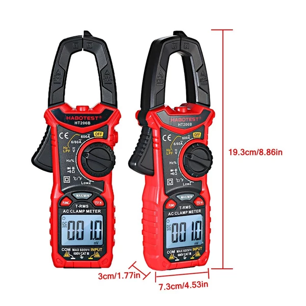 HABOTEST digitális bilincsmérő automatikus hatótávolságú multiméter feszültségmérő AC/DC feszültségáram mérése - HT206B