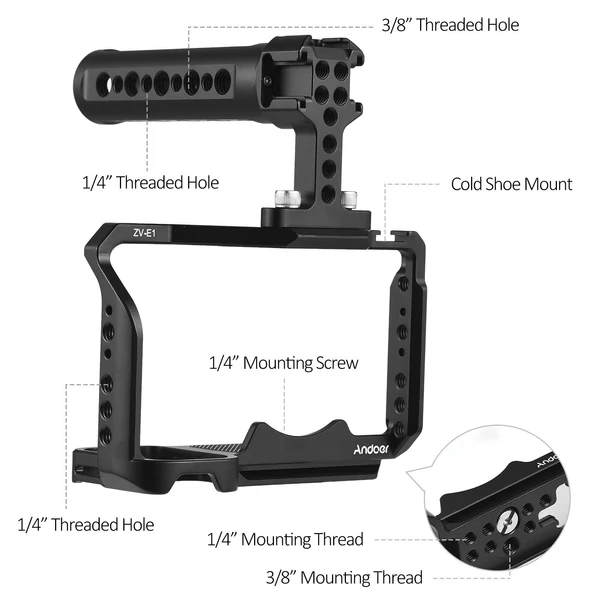 Andoer alumíniumötvözet kamera, videorekesz hidegpapucs-rögzítéssel, számos 1/4 hüvelykes menettel Sony ZV-E1 fényképezőgéphez - tok és felső fogantyú készlet