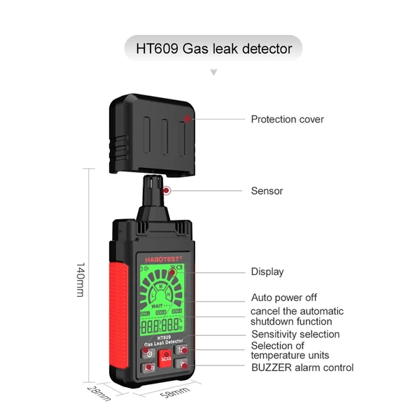 HABOTEST HT609 gázszivárgás-érzékelő LCD kijelzővel, hangos és vizuális riasztással, környezeti hőmérséklet és páratartalom