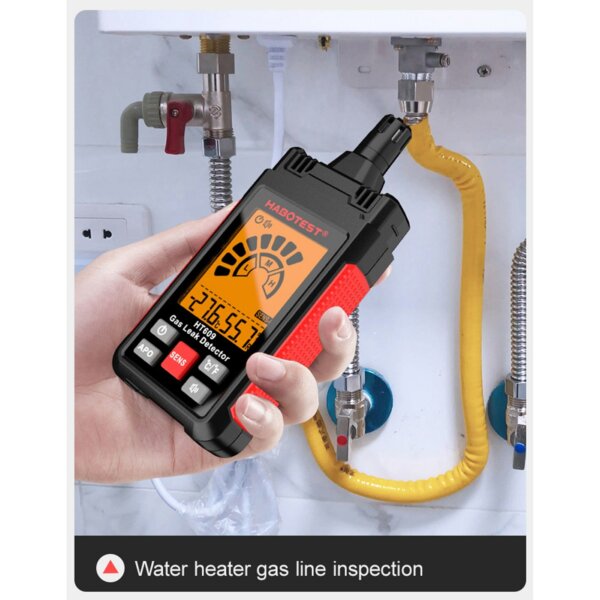 HABOTEST HT609 gázszivárgás-érzékelő LCD kijelzővel, hangos és vizuális riasztással, környezeti hőmérséklet és páratartalom