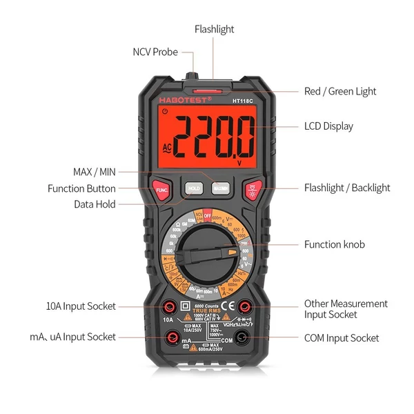 HABOTEST HT118C digitális multiméter kézi hatótávolság 6000 számláló