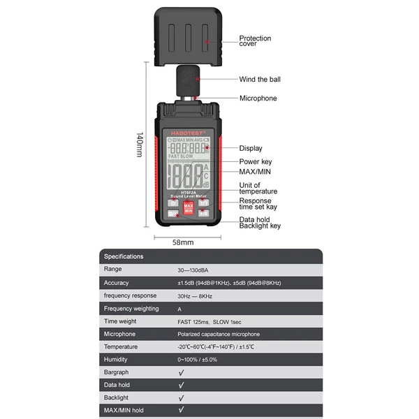 HABOTEST HT602 2,2 hüvelykes LCD digitális hangszint mérő decibel figyelő teszter 30-130 dB