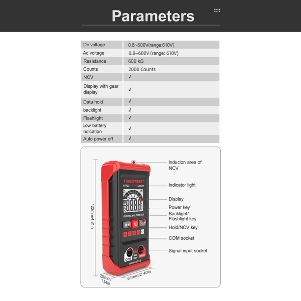 HABOTEST HT123 digitális automata hatótávolságú multiméter, 2000 valós RMS, AC/DC feszültségellenállás mérése NCV teszt LCD háttérvilágítással, zseblámpával, adattárolóval