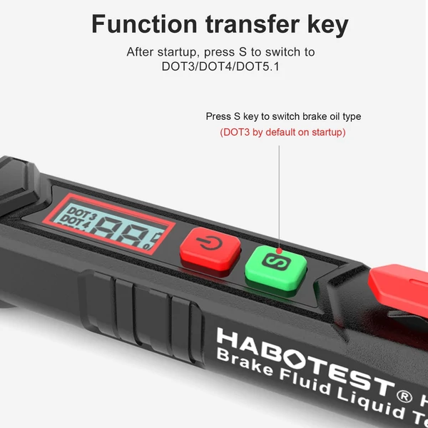 HABOTEST HT662 fékfolyadék teszter LCD digitális fékolaj-érzékelő toll autókhoz, motorkerékpárokhoz hangjelző riasztóval, 3 színű háttérvilágítással