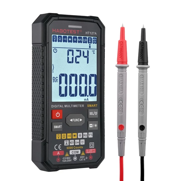 HABOTEST intelligens digitális multiméter, 3,1 hüvelykes LCD 6000 számláló univerzális mérőműszer, automatikus hatótávolság True RMS NCV tesztelő 600 V voltmérő 6 A ampermérő 60 MΩ ohmmérő 60 mF kondenzátor hőmérsékletmérő - HT127A TN kijelző