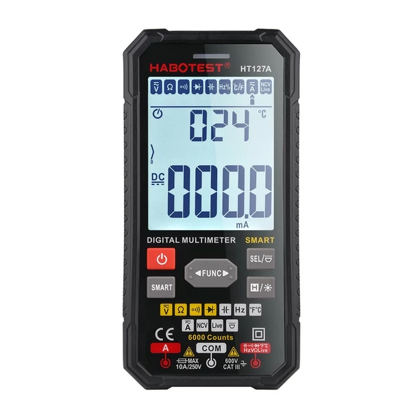 HABOTEST intelligens digitális multiméter, 3,1 hüvelykes LCD 6000 számláló univerzális mérőműszer, automatikus hatótávolság True RMS NCV tesztelő 600 V voltmérő 6 A ampermérő 60 MΩ ohmmérő 60 mF kondenzátor hőmérsékletmérő - HT127A TN kijelző