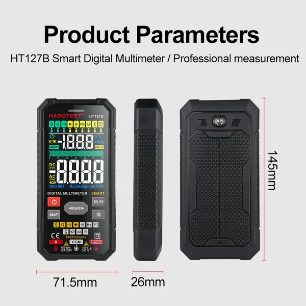 HABOTEST intelligens digitális multiméter, 3,1 hüvelykes LCD 6000 számláló univerzális mérőműszer, automatikus hatótávolság True RMS NCV teszter 600 V voltmérő 6 A ampermérő 60 MΩ ohmmérő 60 mF kondenzátor hőmérsékletmérő - HT127B VA kijelző